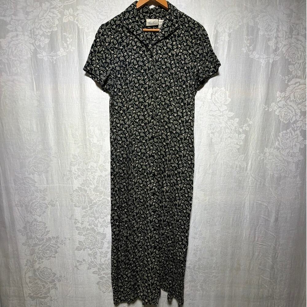 Vintage Midi Shirt Dress 12 Black Cream Floral Short Sleeve Collared Tie
